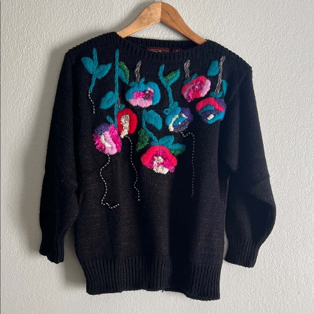 Vintage Black Sweater with Colorful Floral Design